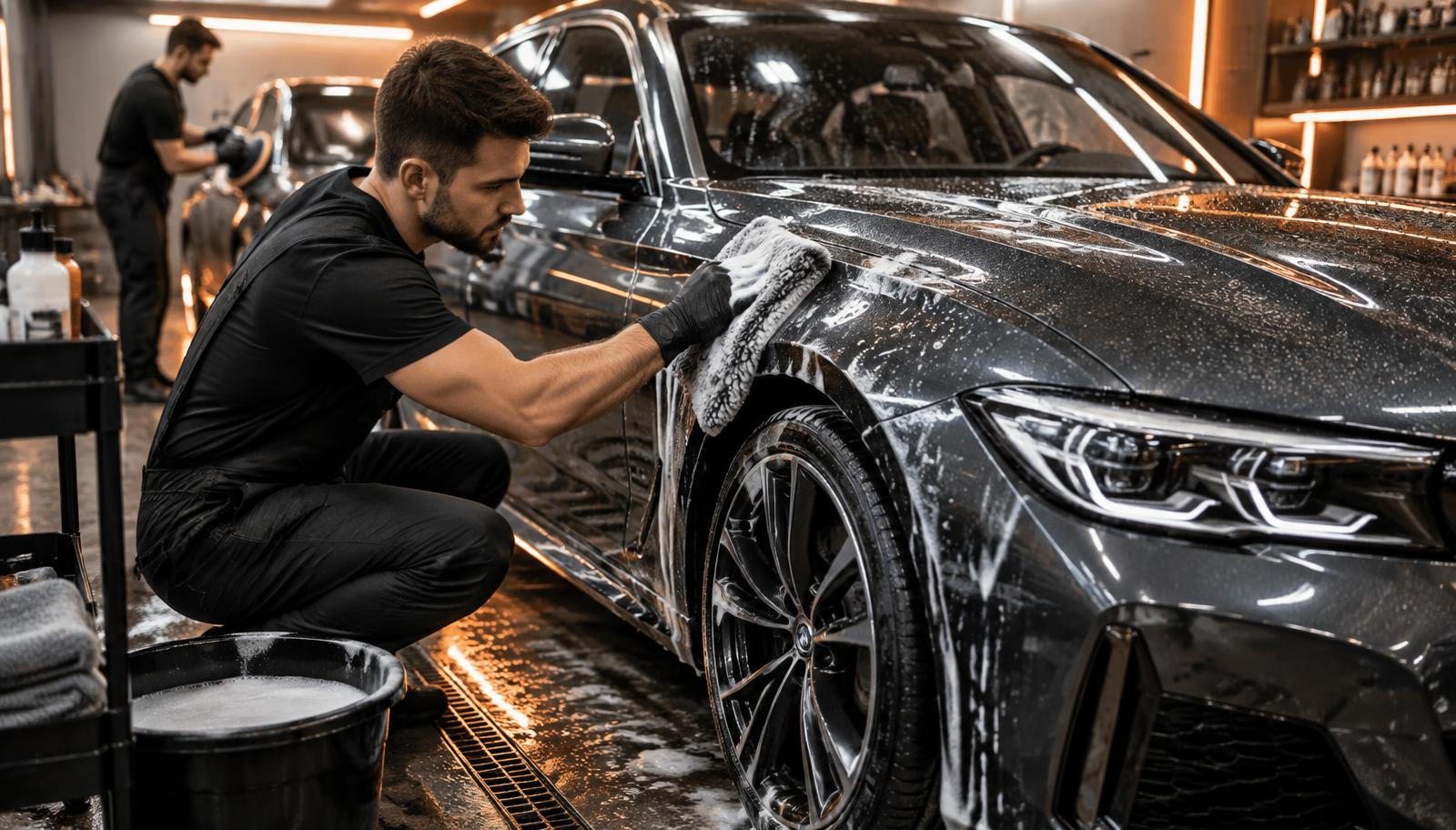 Nettoyage automobile professionnel d'une berline en atelier